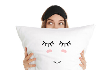 Poster - Woman holding pillow with cute face on white background