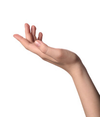 Wall Mural - woman holding something against white background, closeup