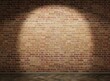 © SrgSie - Brick wall with spotlight. Wooden floor. Template for object presentation. Stand-up stage. 3D rendering.