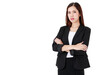 © Bangkok Click Studio - Portrait of an asian beautiful business working woman with long hair wearing formal black suit, smiling with confidence, crossing her arms with isolated white background cutout and blank copy space.
