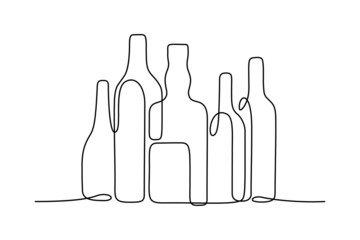 Poster - Bottles of different shapes in continuous line art drawing style. Alcoholic drinks collection. Liquor store, bar or pub establishment minimalist black linear sketch isolated on white background