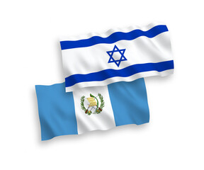 National vector fabric wave flags of Republic of Guatemala and Israel isolated on white background. 1 to 2 proportion.