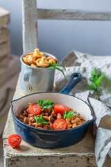 Wall Mural - Delicious fried noble mushrooms made of chanterelles.