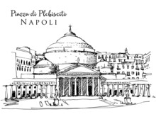 Drawing Sketch Illustration Of Piazza Di Plebiscito In Naples, Italy