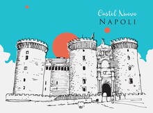 Drawing Sketch Illustration Of Castel Nuovo In Naples, Italy