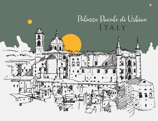 Drawing sketch illustration of Palazzo Ducale in Urbino, Italy