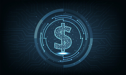 Poster - Digital dollar sign icon.Financial Internet Technology Concept or FinTech on dark blue technology background.