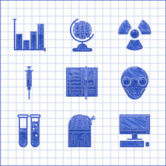 Poster - Set Notebook, Computer monitor with keyboard and mouse, Extraterrestrial alien face, Test tube flask chemical laboratory, Syringe, Radioactive and Pie chart infographic icon. Vector