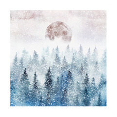 Wall Mural - snowy spruce forest and full moon painted with watercolor