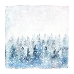 Wall Mural - winter forest covered with snowflakes. watercolor painting isolated on white background.