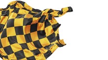 Realistic 3D Animation Of The Textured Checkered Black And Yellow Race Flag As Fly Away Opener Rendered In UHD With Alpha Matte