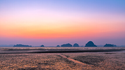 Wall Mural - tubkaek beach with exotic scenic view of islands during twilight, krabi, thailand