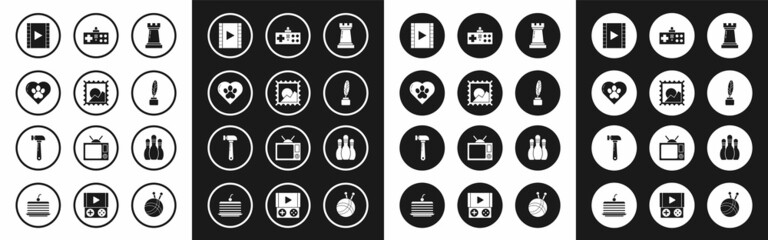 Poster - Set Chess symbol, Picture landscape, Heart with animals footprint, Play Video, Feather inkwell, Gamepad, Bowling pin and Hammer icon. Vector