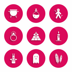 Poster - Set Masons, Ghost, Magic stone, Burning candle in candlestick, Magician hat rabbit, ring with gem, Voodoo doll and Witch cauldron icon. Vector