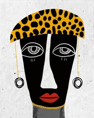 Abstract portrait of a man with a black face, earrings and a leopard hat. Funny avatar. For printing posters and more