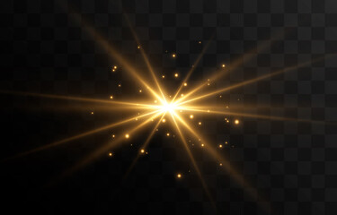 Wall Mural - Golden light. A flash of light, a magical glow, particles of sparks. Sun, sun rays png. Light png. Vector image.