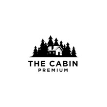 Premium Wooden Cabin And Pine Forest Mountain Retro Vector Black Logo Design Isolated White Background