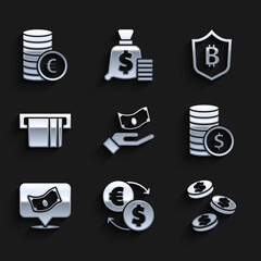 Poster - Set Hand holding money, Money exchange, Coin with dollar, Stacks paper cash, Credit card inserted, Shield bitcoin and euro symbol icon. Vector