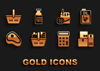 Poster - Set Shopping basket and food, Bottle of olive oil, Cash register machine, Calculator, Steak meat, Cigarettes pack box, and with milk icon. Vector