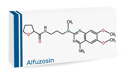 Poster - Alfuzosin molecule. It is antineoplastic agent, an antihypertensive agent, an alpha-adrenergic antagonist. Skeletal chemical formula. Paper packaging for drugs