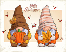 Hand Drawn Cute Gnomes In Autumn Disguise Holding Pumpkin And Maple Leaf, Hello Autumn Text