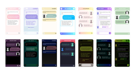 Wall Mural - chatbot window set. dark and light mode. user interface of application with online dialogue. convers