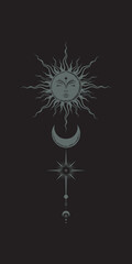 Wall Mural - Vector sketch tattoo mystical sun with sleeping face, moon and star. Dark boho isolated illustration with magical symbols on black background stylized as engraving