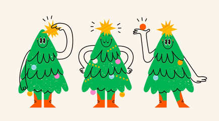 set of funny isolated christmas trees. characters with smiling faces. cartoon style. merry christmas