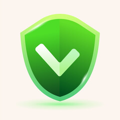 Green protection shield with check mark. Vector illustration for online marketing and business. Safety, insurance or protection. Template for website, mailing or poster.