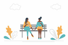Young Black Women Drink Coffee On A Bench In A Park. They Are Chatting With Each Other. There Are Also Plants And Clouds In The Picture. Flat Style. Vector Illustration