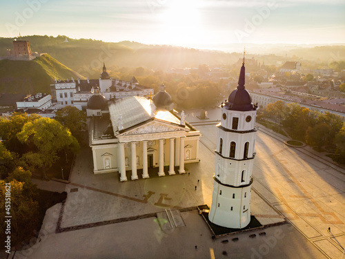 Aerial view of The Cathedral Square, main square of Vilnius Old Town, a key location in city's public life, situated as it is at the crossing of the main streets, Lithuania.