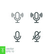 Microphone icon in loudspeaker volume, mute, unmute, turn off, turn on music sound. Stage mic with four button sign for record, recording audio Line Vector illustration Design white background EPS 10