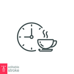 Coffee time icon, tea time. Hot coffee cup and time symbol for take a break or short rest period. Morning breakfast beverage. Editable stroke vector illustration. Design on white background. EPS 10