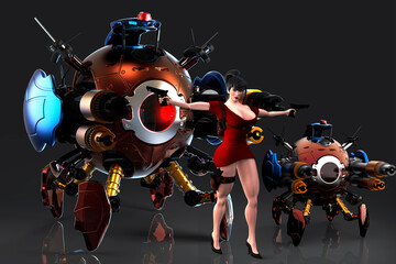 3d illustration of a policewoman with two weapons in hand, in the back two police robots as support