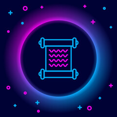 Sticker - Glowing neon line Decree, paper, parchment, scroll icon icon isolated on black background. Colorful outline concept. Vector