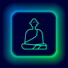 Sticker - Glowing neon line Buddhist monk in robes sitting in meditation icon isolated on black background. Colorful outline concept. Vector