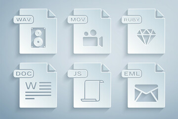 Set JS file document, RUBY, DOC, EML, MOV and WAV icon. Vector