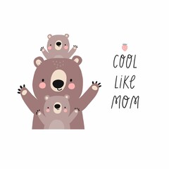 Vector card with cute Bear. Flat style print for kids. Mom and baby cute cartoon Bear character. Mother's Day card. 