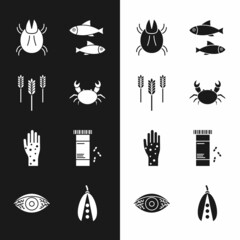 Poster - Set Crab, Wheat, Parasite mite, Fish, Hand with psoriasis or eczema, Medicine bottle pills, Kidney beans and Reddish eye allergic conjunctivitis icon. Vector