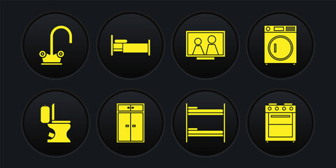 Sticker - Set Toilet bowl, Washer, Wardrobe, Bunk bed, Picture frame on table, Bed, Oven and Water tap icon. Vector