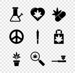 Sticker - Set Glass bong for smoking cannabis, Marijuana leaf heart, Medical pills with marijuana, plant, Magnifying glass and, Smoking pipe, Peace and joint icon. Vector