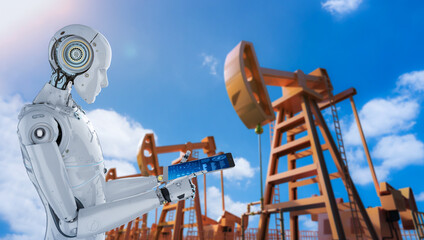 Petroleum technology concept with robot and crude oil pump