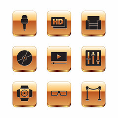 Set Microphone, Movie spotlight, 3D cinema glasses, Online play video, CD or DVD disk, Cinema chair, Rope barrier and Hd movie, tape, frame icon. Vector