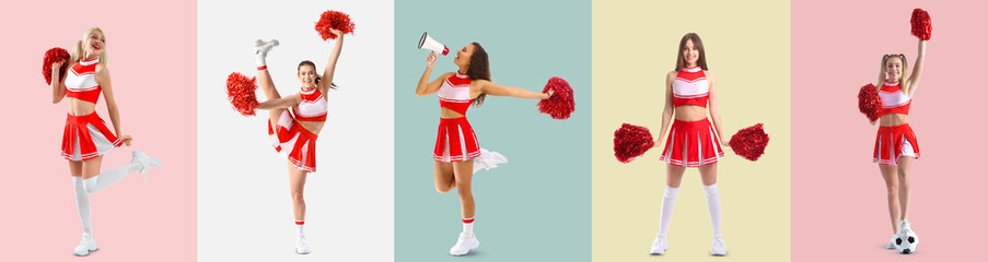 Canvas Print - Collage with beautiful female cheerleaders on color background