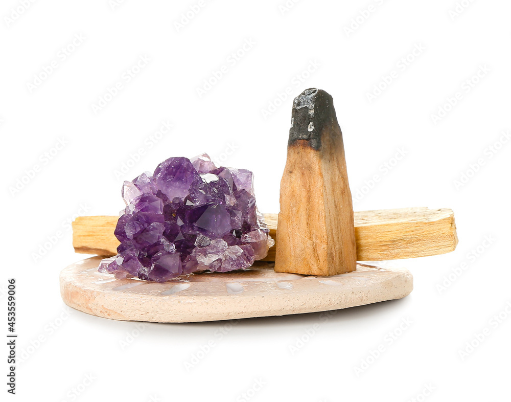 Palo Santo and amethyst on white background