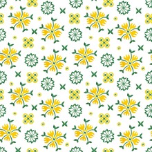 Seamless Pattern Abstract Ornament Watercolor Yellow Flowers And Green Shapes