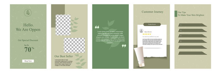 Wall Mural - Minimal modern fashion and beauty social media story or stories banner collection kit in green color. Including sale, photo isolated product display, tips template layout design with botanical leaf
