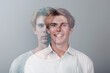 Multiple exposure portrait of young european caucasian man with positive smile and serious sad facial expression. Mental health, depression and emotions concept