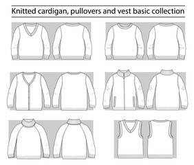 Wall Mural - Knitted cardigan, pullovers and vest basic collection set of technical sketches