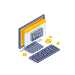 isometric vector illustration on a white background, a computer on the screen of which a browser window with a bank card and gold coins with a dollar sign is open, online payment